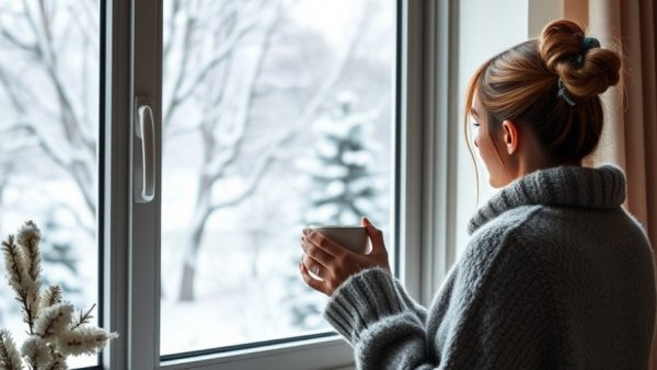 Winter scene woman gazing out window holding mug, snowy landscape.