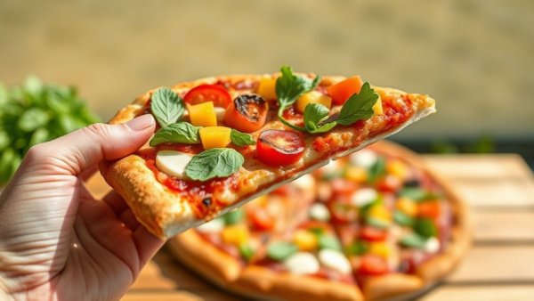 Close-up of vibrant vegetable pizza slice on a sunny outdoor table.
