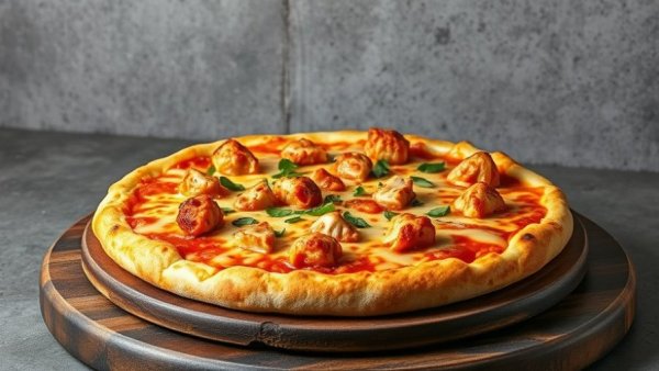 Buffalo Chicken Pizza LTO, hot sliced pizza on a stone.