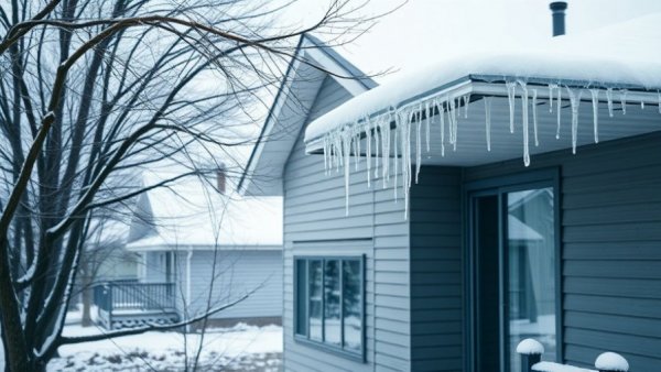 Icicles hanging from house roof edge in a residential area.