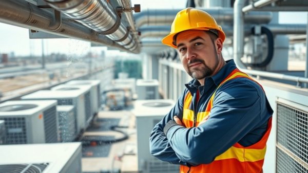 HVAC technician inspecting cooling system on rooftop, cost-efficient maintenance.