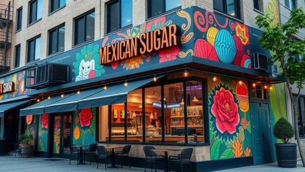 Exterior view of Mexican Sugar restaurant mural in Austin