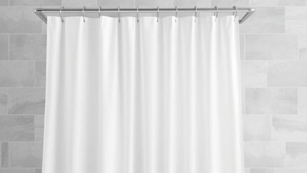 Close-up of white shower curtains in a modern bathroom.