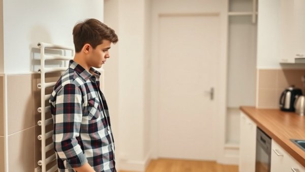 Young person examining radiator in kitchen, HVAC systems impact building energy costs.