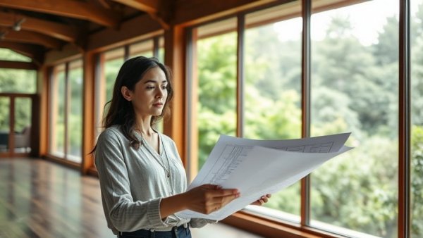 Woman with architectural plans in room with natural materials, large windows