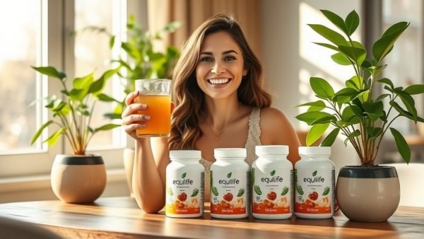Woman showcasing EquiLife Detox in a homely setting with plants.