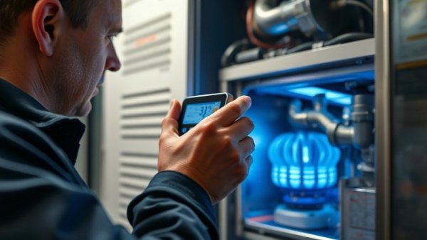 Technician adjusts dual fuel HVAC system; blue flame visible.