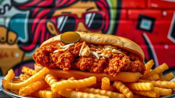 Hot chicken and fries with urban graffiti backdrop in Houston TX