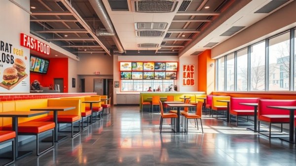 Interior of modern fast-food restaurant showing Angry Chickz expansion.