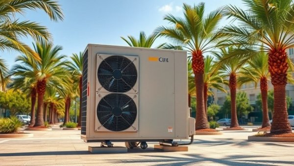 Outdoor heat pump unit in an urban setting among palm trees, defrost board on a heat pump sightseeing.