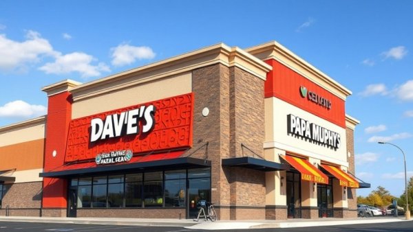Modern building with Famous Dave's and Papa Murphy's co-branding.