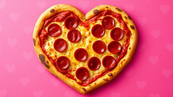 Happy Joe's heart-shaped pizza with pepperoni on pink background
