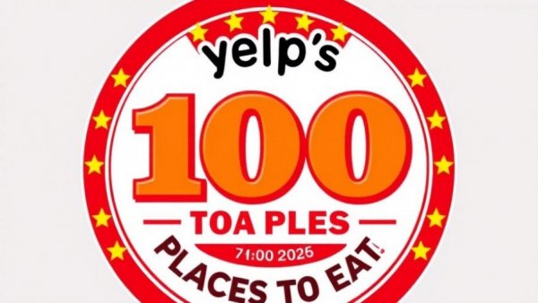 Yelp's Top 100 Places to Eat 2026 emblem with red and yellow theme.