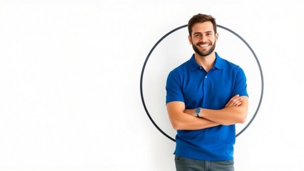 Professional in blue polo with company logo signifies home service industry collaboration.