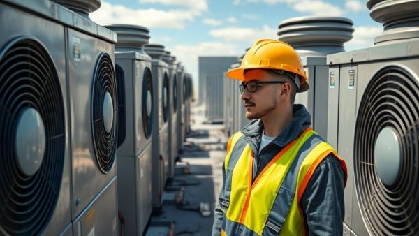 Technician assessing HVAC units on a rooftop, commercial HVAC contractor.