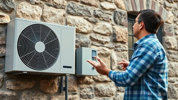 Professionals assess HVAC unit on stone house, highlighting residential HVAC sales slowdown