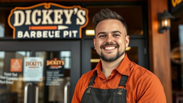 Smiling employee at Dickey's Barbecue Pit entrance.