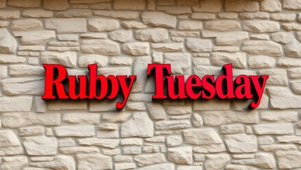 Ruby Tuesday logo on stone wall.