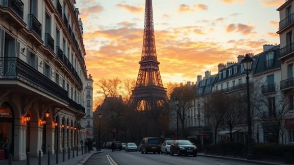 Charming street scene in Paris with Eiffel Tower at sunset.