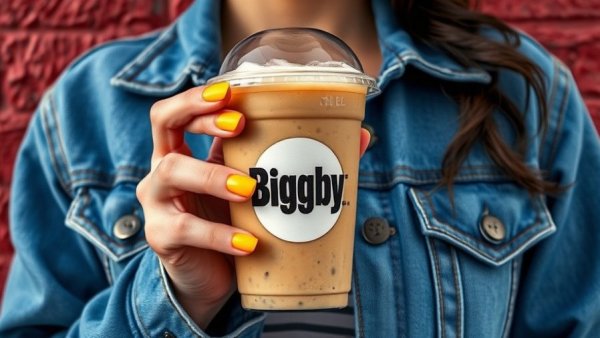 Person holding iced Biggby Coffee with red wall background.