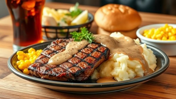 Logan's Roadhouse weekday steak deal with sides on wooden table.