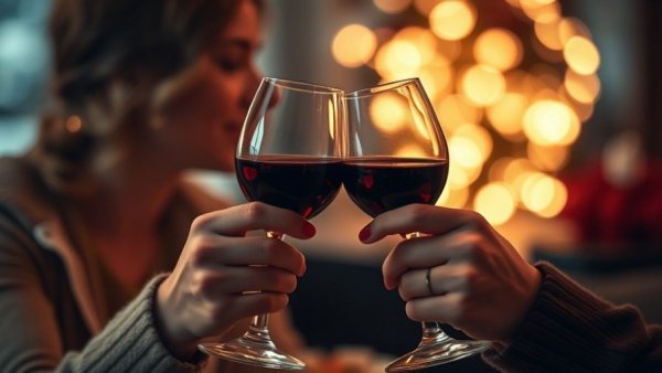 Valentine’s Day dining trends: couple toasting red wine.