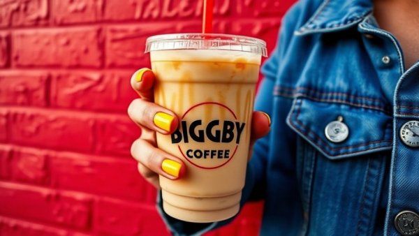Hand holding BIGGBY COFFEE drink against red wall.