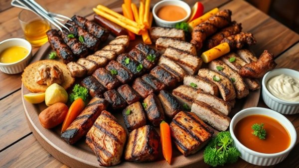 Lavish big game barbecue catering platter with meats and sides.