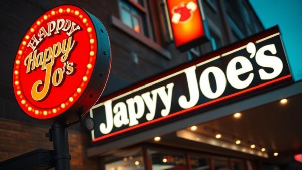 Happy Joe's pizza franchise growth showcased by illuminated restaurant sign.
