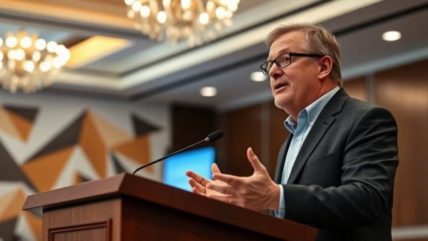Middle-aged man presenting on sustainable refrigerants at a conference.