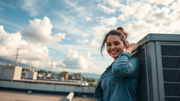 Gen Z woman adjusting HVAC unit on rooftop
