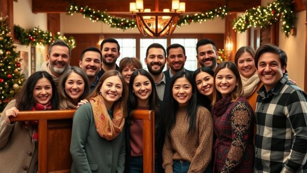 Group photo of smiling individuals in a festive setting.