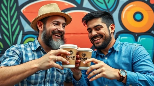 Two men cheerfully clinking BIGGBY COFFEE cups with a colorful background.