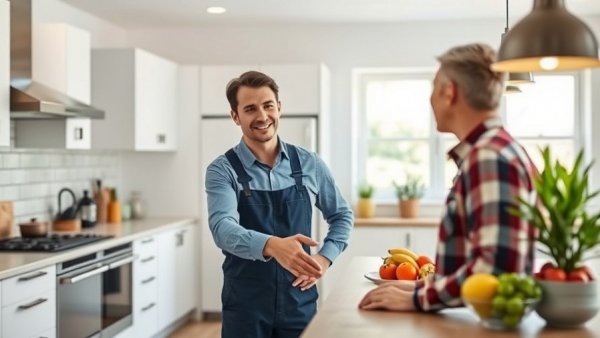 Friendly HVAC technician in kitchen highlighting HVAC marketing ROI.