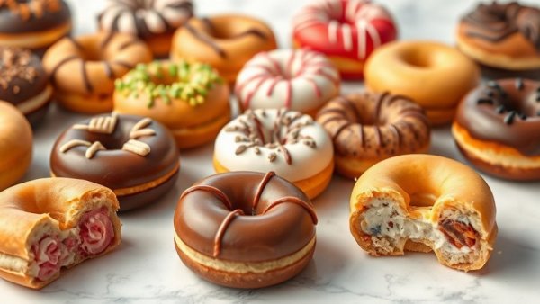 Rich's new filled donut bites on marble surface, diverse colors.