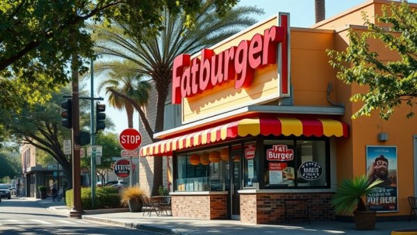 Retro Fatburger restaurant on a quiet street, Fat Brands stock delisting.