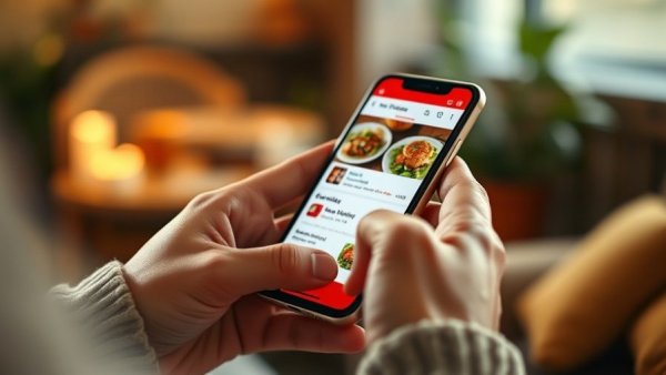 Person using no-download restaurant app on smartphone in cozy setting.