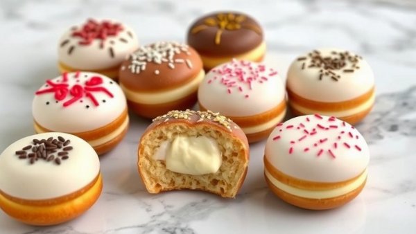 Variety of Rich's Filled Donut Bites with creamy fillings on marble.
