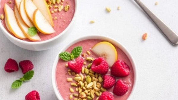 Raspberry Smoothie Bowls With Pears and Pistachios