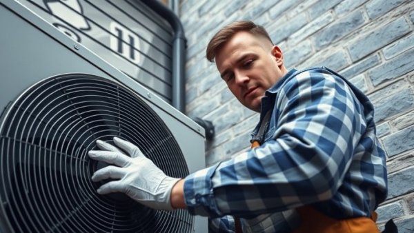 HVAC technician repairing unit, showcasing skilled work in industrial setting.