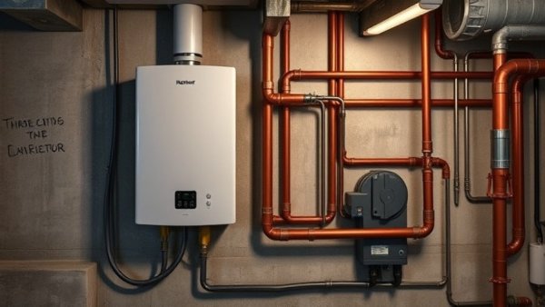Modern tankless water heater with copper piping in a basement.