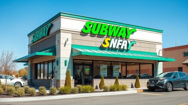 Subway restaurant facade with bright green signage and parked car.