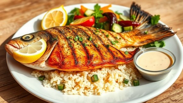 Taziki's Grilled Fish Menu with rice and salad, vibrant dish presentation.