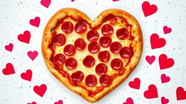 HeartBaker Pizza for Valentine's Day on festive background.