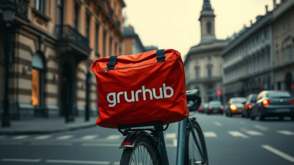 Grubhub delivery bag on bike, city sidewalk at dusk.