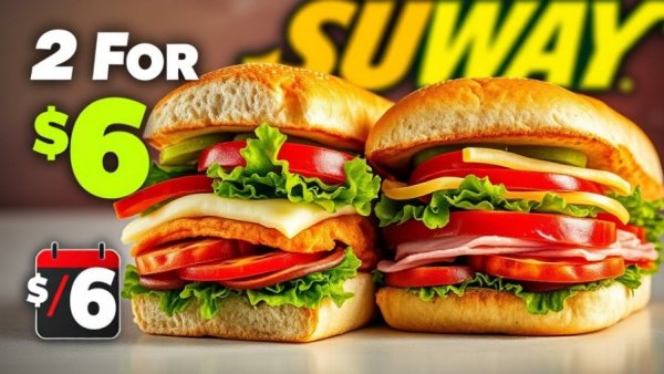 Fresh Subway sandwiches with '2 For $6' deal highlighted.