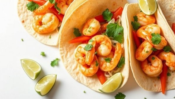 Del Taco Jumbo Shrimp Tacos with fresh ingredients and lime.