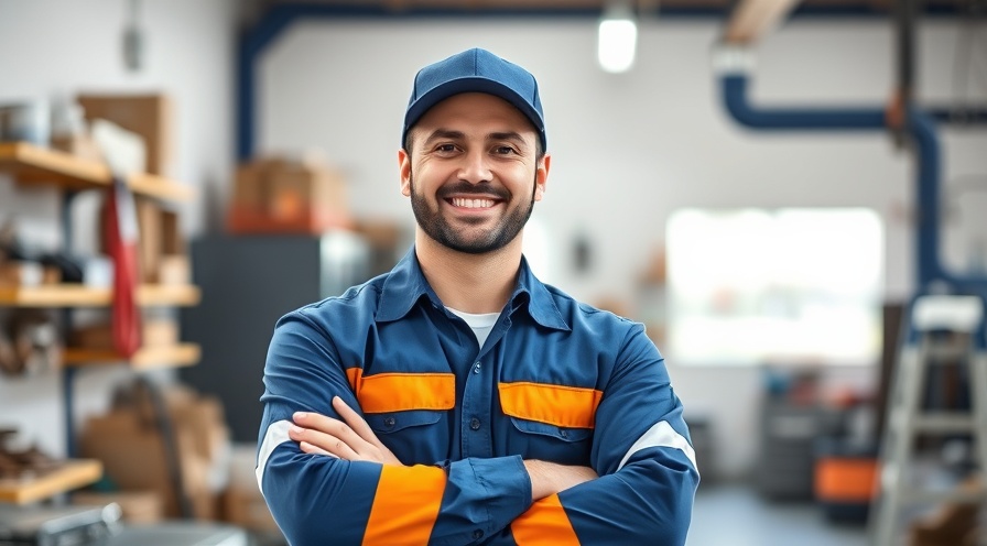 Confident technician in uniform showcasing field service business growth in a bright workshop.