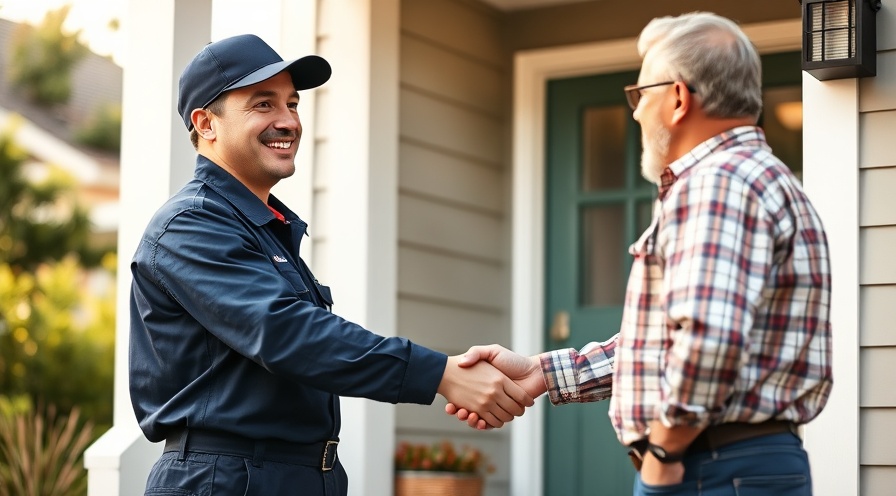 Smiling HVAC technician shaking hands with homeowner, showcasing community-driven service and franchise opportunities.