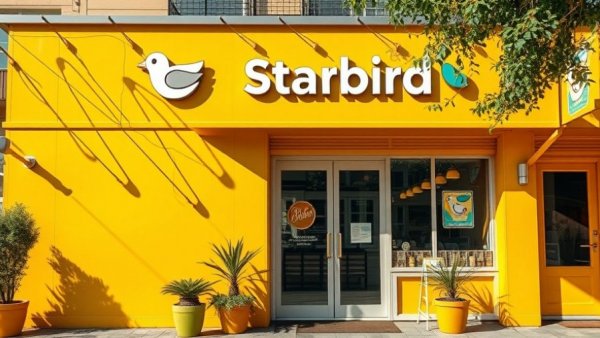 Starbird's modern yellow storefront under clear sky with Greg Levin named CEO.